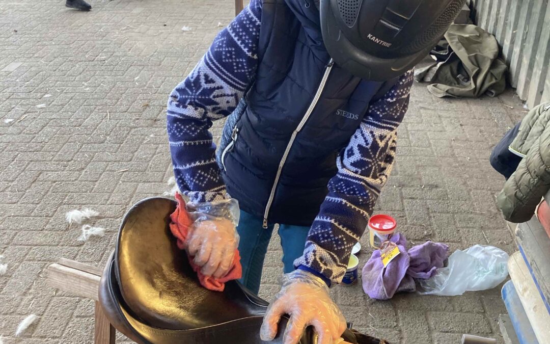 Kinder auf Gut Tangstedt bei der Sattelpflege