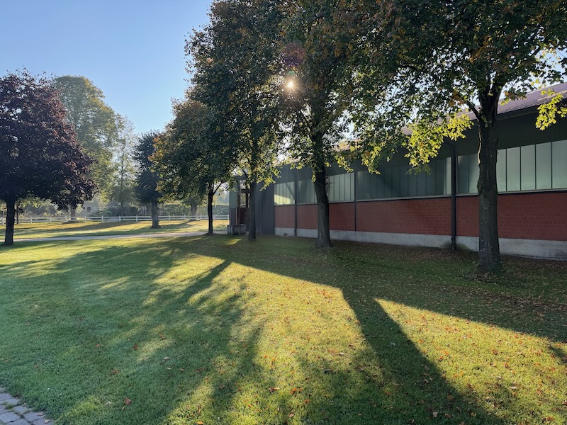 Reithalle Gut Tangstedt im spätsommerlichen Morgenlicht