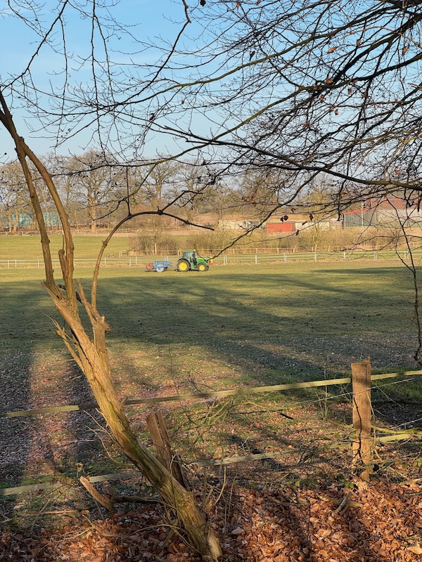Traktor walzt die Sommerweide von Gut Tangstedt vor dem Saisonstart