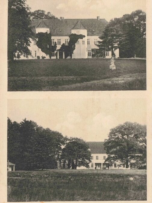 Alte Postkarte mit Vorderseite- und Rückansicht des ehemaligen Schloss Tangstedt