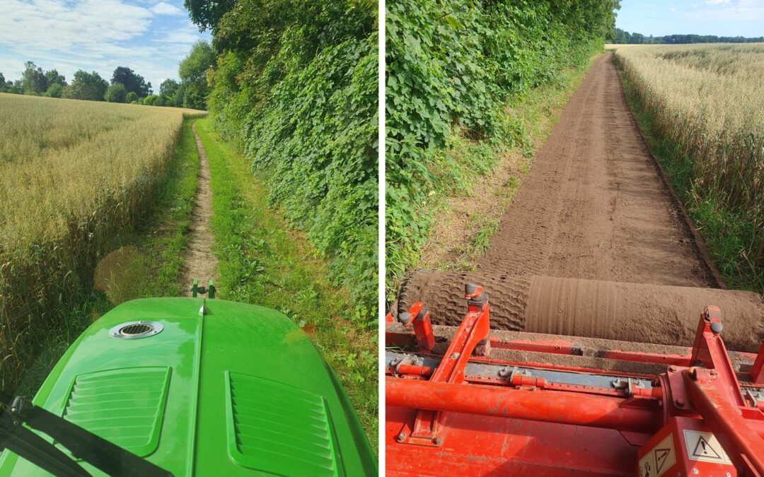 Blick aus dem Traktor vor und nach der Pflege der Reitwege mit einer Umkehrfräse