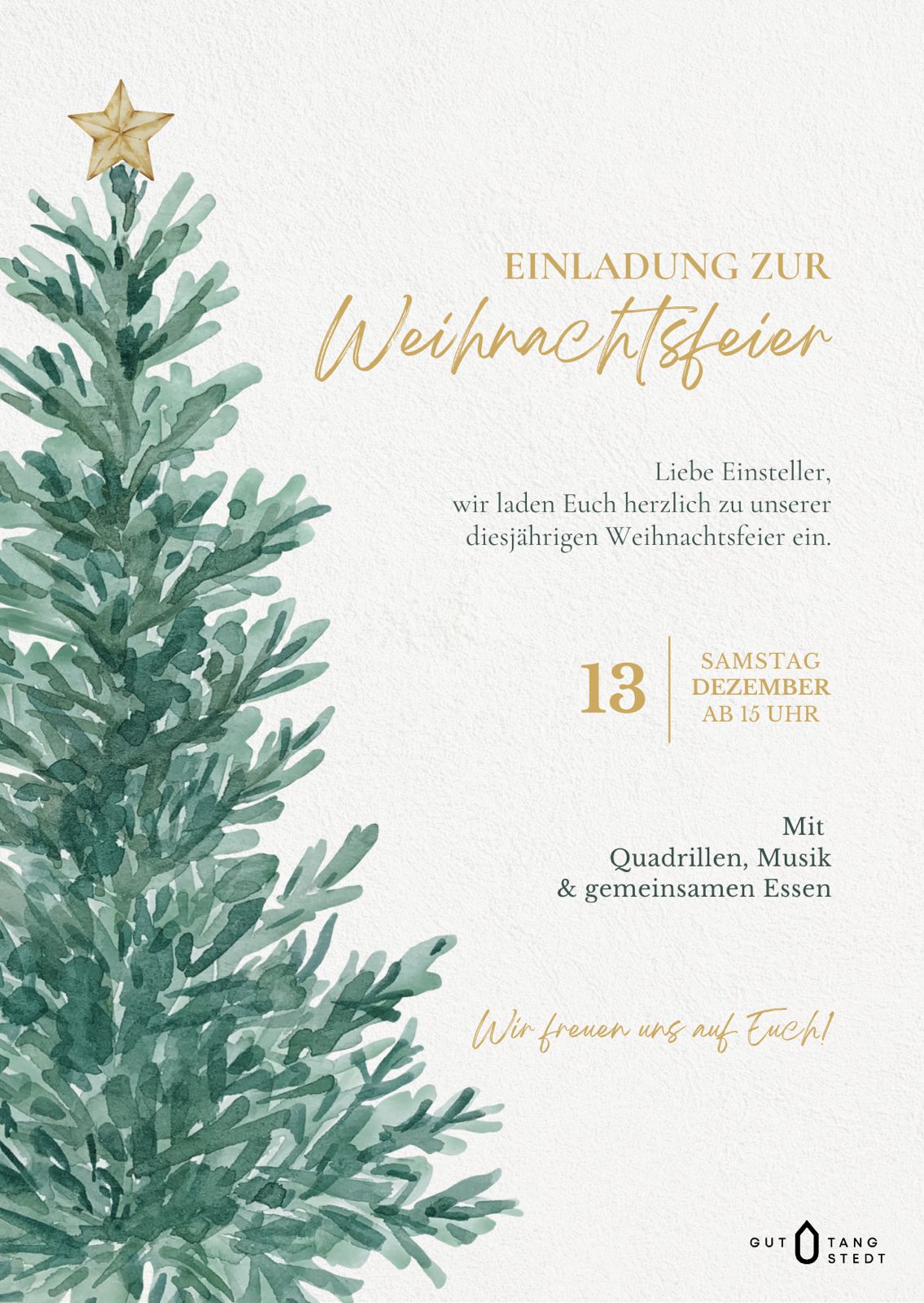 Einladung zur Weihnachtsfeier 2025 auf Gut Tangstedt mit Tannenbaum, goldener Schrift und Hinweisen zu Programm und Uhrzeit