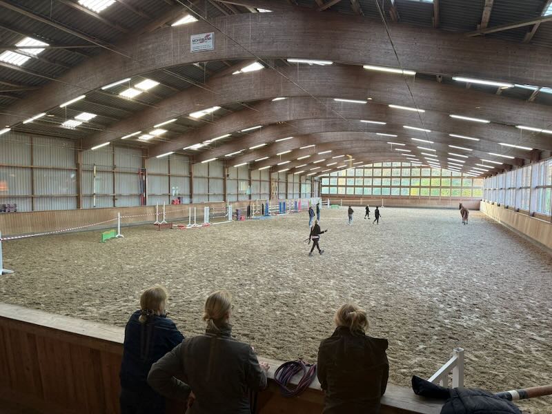 Innenansicht einer großen Reithalle mit Holzdach und Sandboden, wo mehrere Personen am Freispringen von Pferden und Ponys teilnehmen. Drei Personen sitzen im Vordergrund und beobachten das Geschehen.