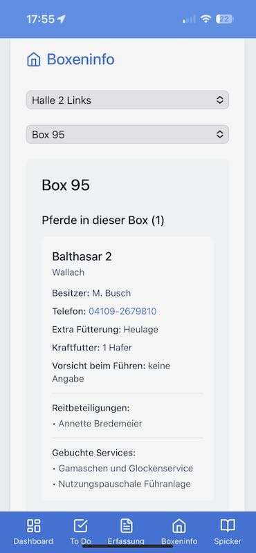 Screenshot unserer App für das Team der Reitanlage