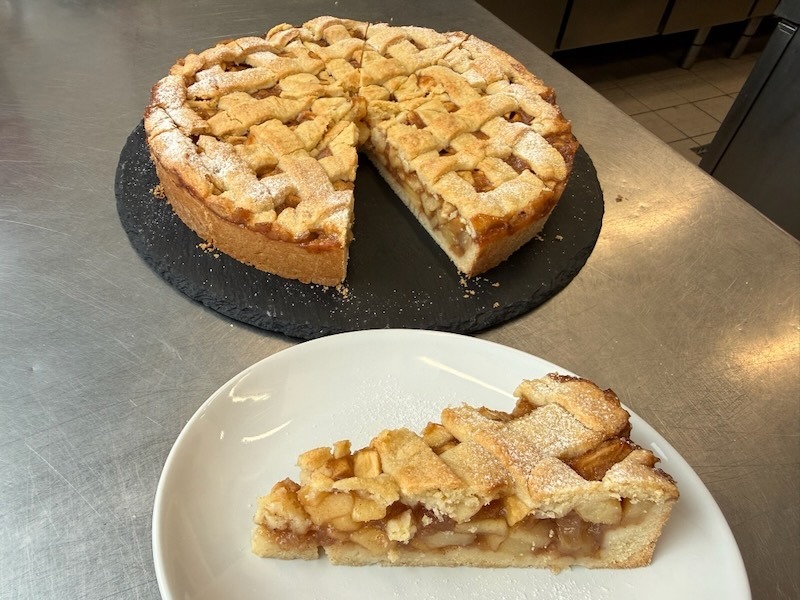 Ein Stück hausgemachter gedeckter Apfelkuchen mit klassischem Teiggitter und Puderzucker, ansprechend serviert auf einem weißen Teller.
