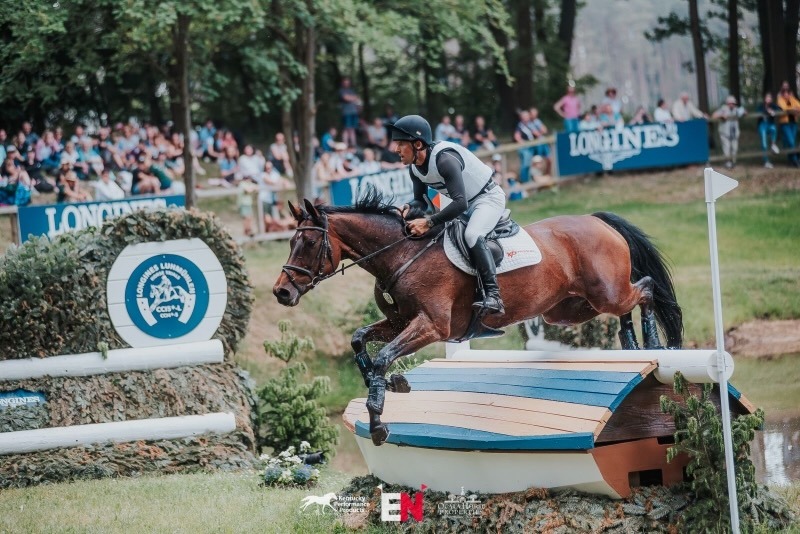 Pferd und Reiter in formeller Turnierkleidung beim fehlerfreien Sprung über ein buntes Springhindernis in einer Springarena.