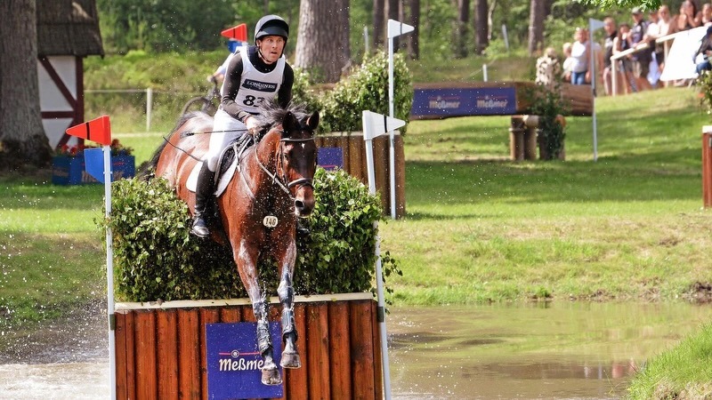 Pferd und Reiter beim Sprung über ein massives Naturhindernis aus Baumstämmen auf einem Vielseitigkeitskurs.