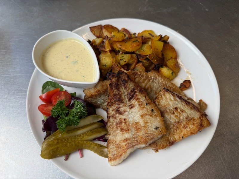 Kross gebratene Fischfilets nach Pannfisch-Art mit goldbraunen Bratkartoffeln, Senfsauce und einer kleinen Salatbeilage.