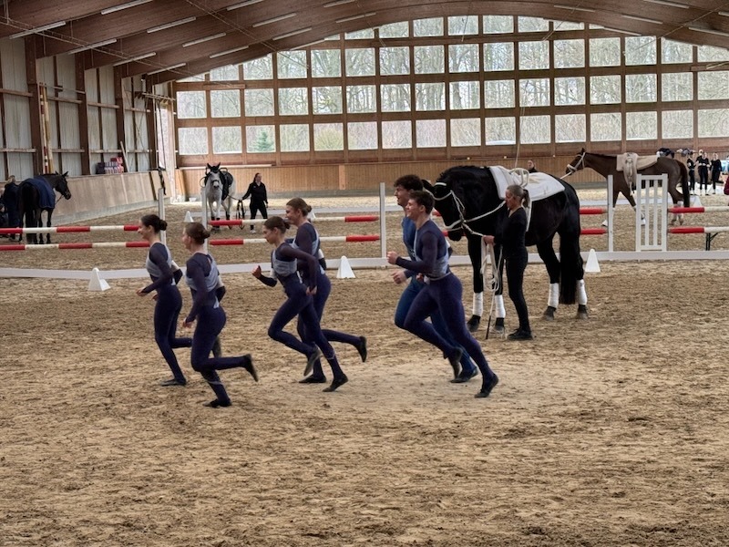 Die Voltigiergruppe läuft gemeinsam im Zirkel ein, um mit ihrer Übung am Pferd in der Reithalle zu beginnen.
