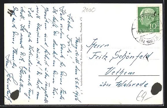 Rückseite historische Postkarte Tangstedt 1956 mit Heuss-Briefmarke und Poststempel