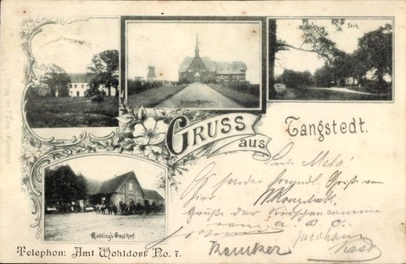 Historische Postkarte Gruss aus Tangstedt Lithografie mit Gutshof Park und Rieblings Gasthof um 1900