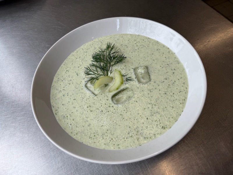 Cremige Gurkenschaumsuppe in einem tiefen weißen Teller, garniert mit frischem Dill, dünnen Gurkenscheiben und Eiswürfeln – elegant und erfrischend angerichtet.