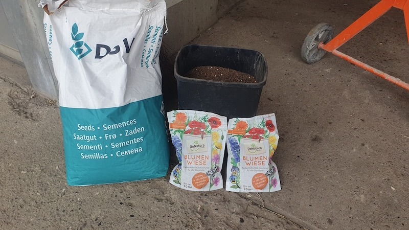 Selbst gemischtes Saatgut aus Rasen- und Blumenwiesensamen zur Einsaat der künftigen Obstgartenfläche auf Gut Tangstedt.