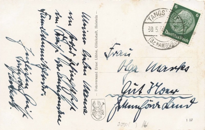 Rückseite historische Postkarte Tangstedt 1930er Jahre mit Poststempel und Hindenburg-Briefmarke
