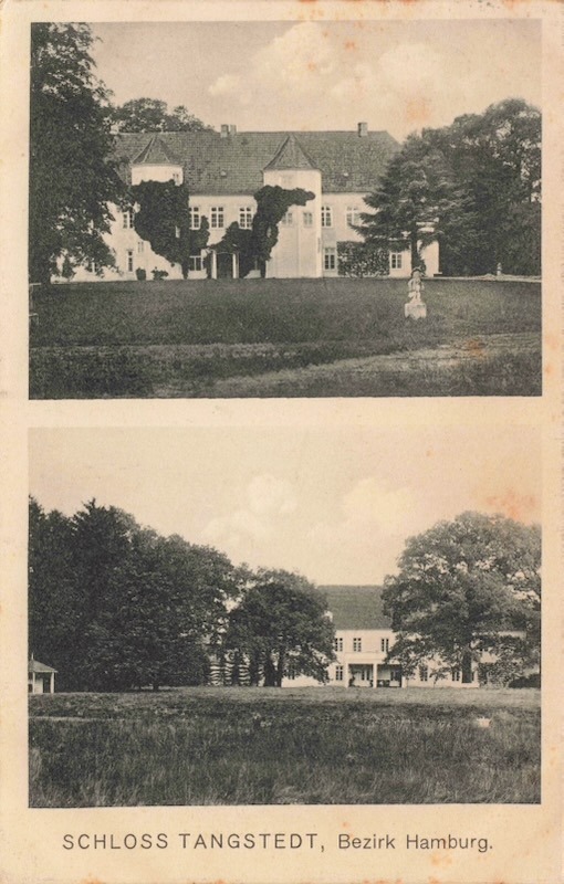 Historische Postkarte Schloss Tangstedt Parkansicht mit Pavillon und Spaziergängern um 1905.