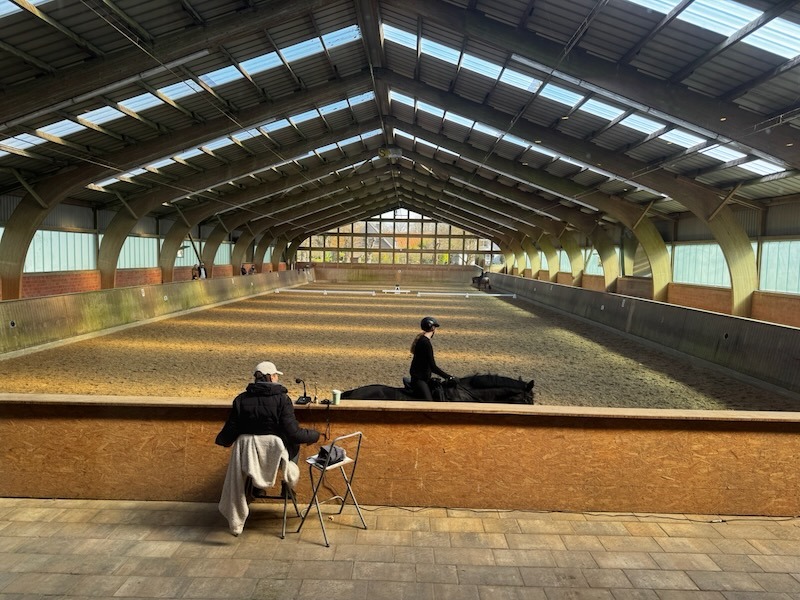 Eine Reiterin auf einem dunklen Pferd steht in einer großen, lichtdurchfluteten Reithalle neben der Bande, während unsere Reitlehrerin Antje Busch-Petersen an der Bande sitzt und Feedback gibt.