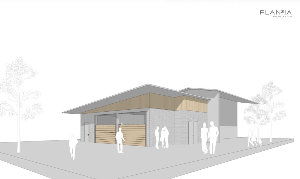 Architektenentwurf des neuen Heizhauses auf Gut Tangstedt mit Klinkerfassade, Holzelementen und versetztem Pultdach.
