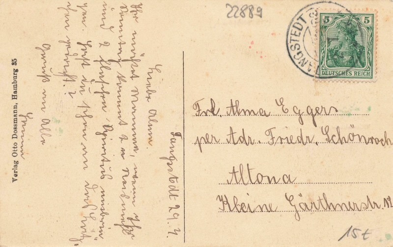 Rückseite historische Postkarte Tangstedt mit Germania-Briefmarke Poststempel und handschriftlicher Nachricht Verlag Otto Dossmann Hamburg