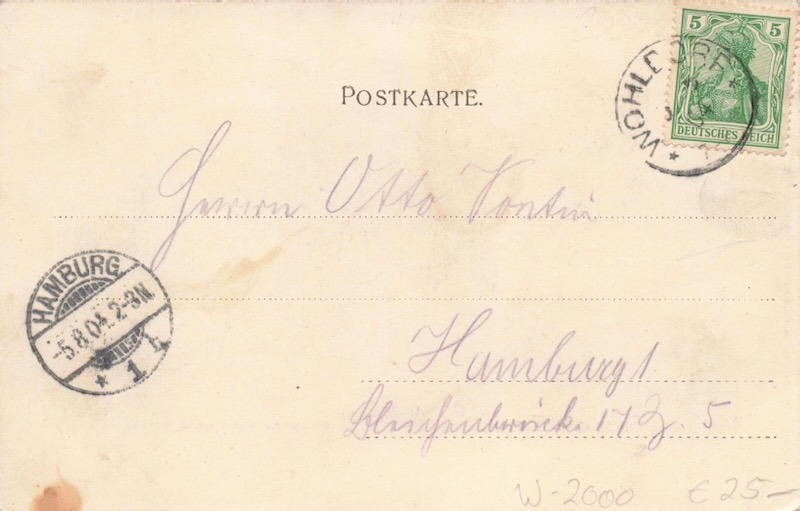 Rückseite historische Postkarte Tangstedt 1904 mit Germania-Briefmarke Poststempel Wohldorf und Hamburg