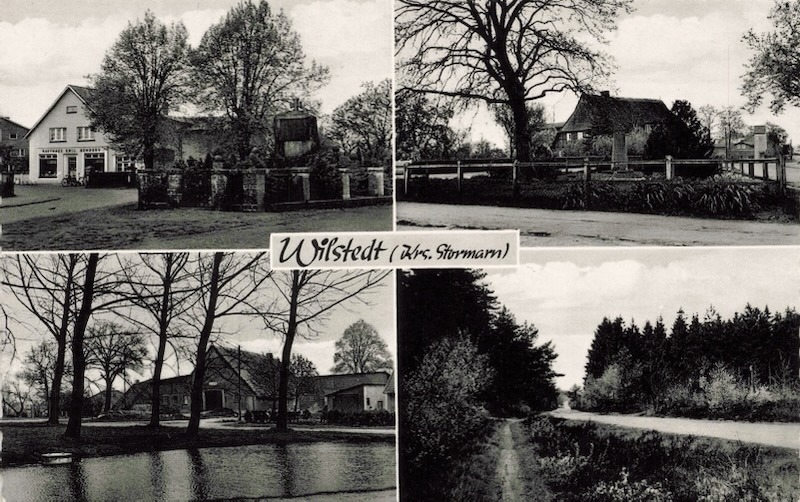 Historische Postkarte Wilstedt Kreis Stormarn Vierbildkarte mit Kaufhaus Emil Rehders Ehrenmal Fachhallenhaus und Teich
