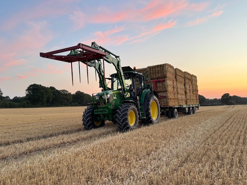 John Deere Traktor mit Ballengreifer und vollbeladenem Strohballenanhänger auf dem Stoppelfeld von Gut Tangstedt bei Sonnenuntergang mit rosa-blauem Abendhimmel.