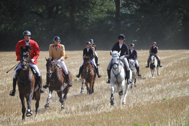 Reitergruppe bei der Schleppjagd auf Gut Tangstedt, angeführt von zwei Reitern in traditioneller roter und gelber Jagdjacke, über ein abgeerntetes Getreidefeld
